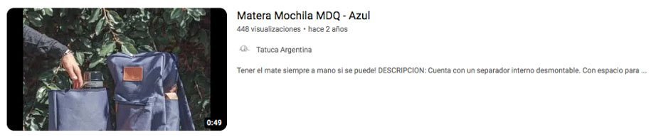 Ejemplo de un resultado de YouTube sobre una mochila matera azul que puede tener un significado diferente al de una matera para plantas.